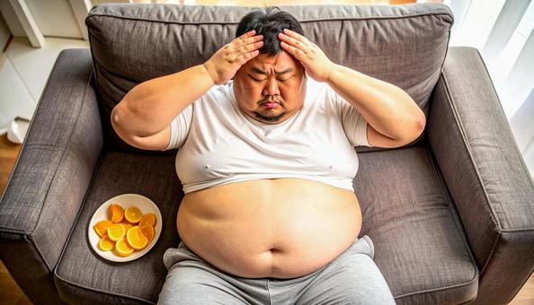 肥満で疲れやすく、額に手をやる男性 肥満で疲れやすく、額に手をやる男性の写真