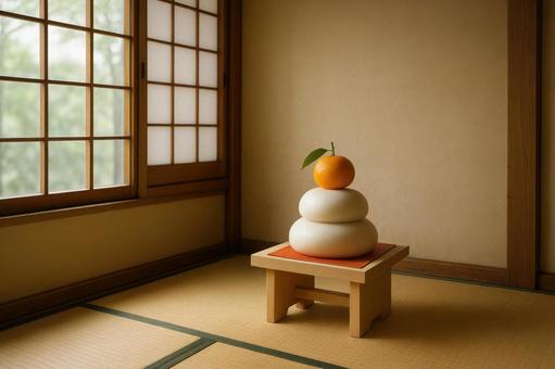 和室に飾られた鏡餅の写真