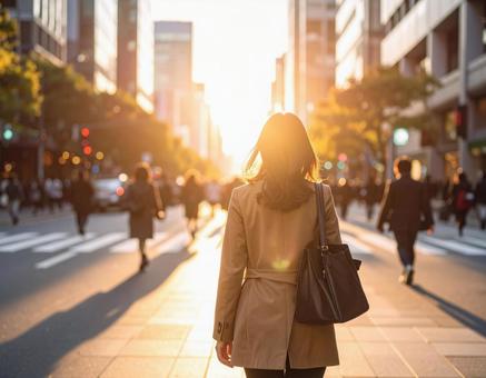 夕日に向かって歩く日本人女性 都会の街3 夕日に向かって歩く日本人女性 都会の街3の写真