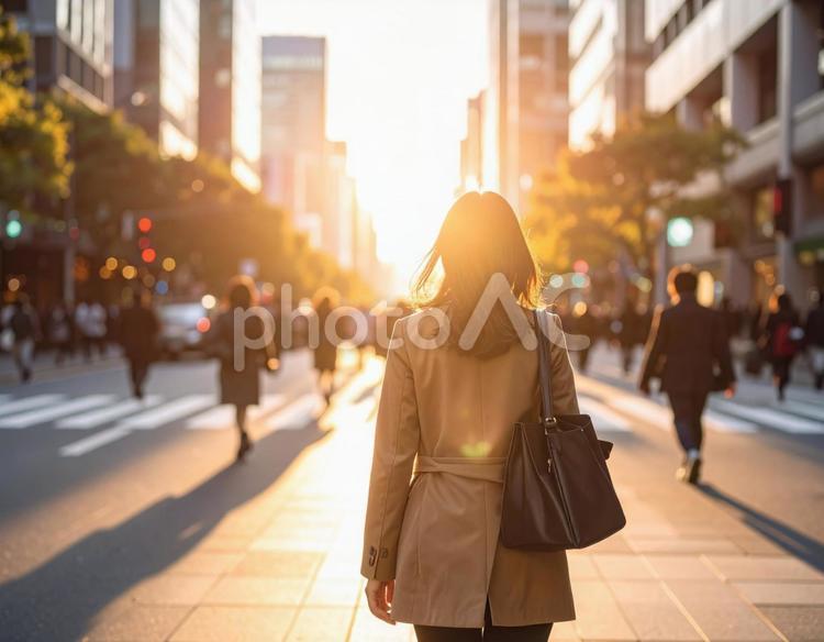 夕日に向かって歩く日本人女性　都会の街3 夕日,都会,街の写真素材
