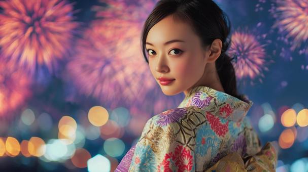 花火の背景と美女のポートレート2 花火の背景と美女のポートレート2の写真