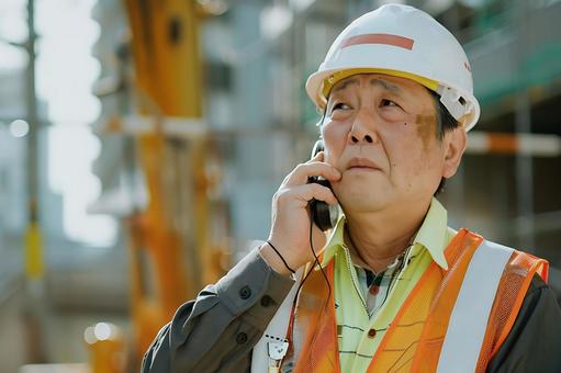 無線・電話で指示を出すベテラン建設監督 無線・電話で指示を出すベテラン建設監督の写真
