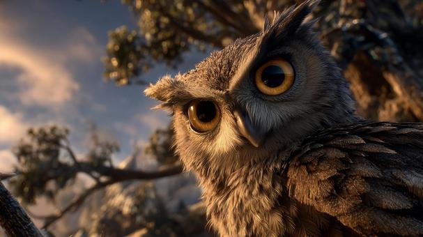 夕暮れの森、フクロウの目 夕暮れの森、フクロウの目の写真