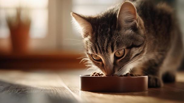 朝の光に包まれた猫の食事タイム 朝の光に包まれた猫の食事タイムの写真