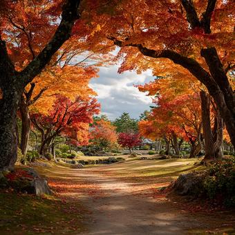 紅葉に彩られた日本庭園の石畳 紅葉に彩られた日本庭園の石畳の写真