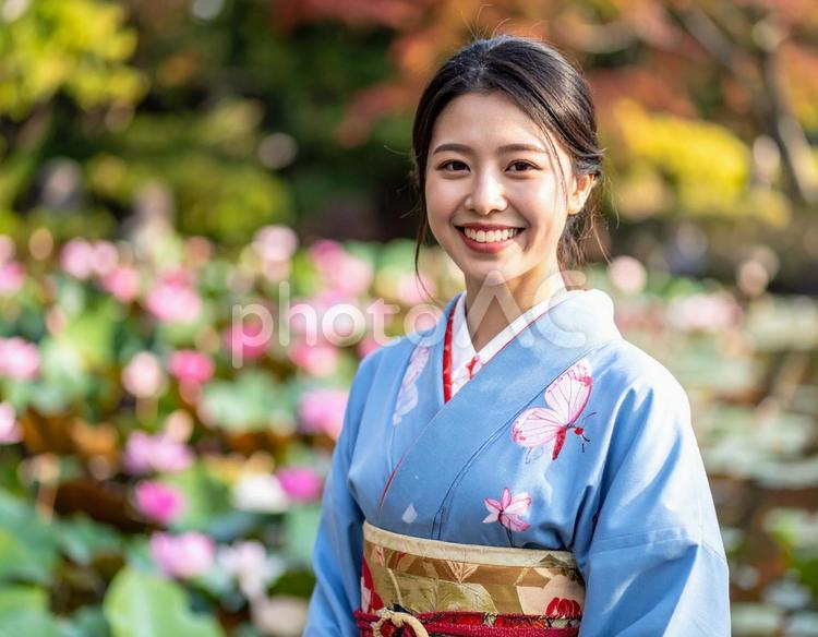 蝶柄着物の彼女・夏・睡蓮の咲く池 女性,着物,夏の写真素材