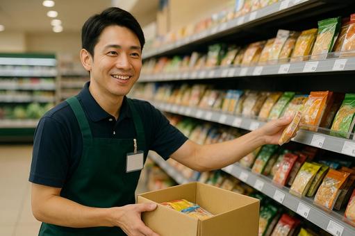 スーパーで品出し中の男性スタッフ スーパーで品出し中の男性スタッフの写真