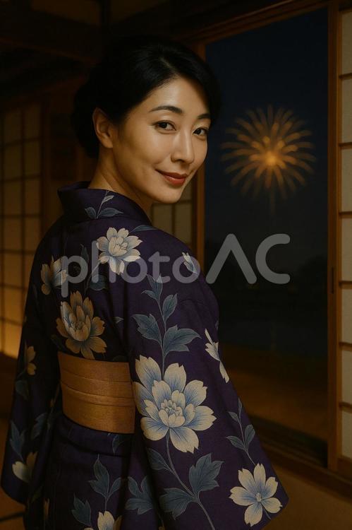 和室から打ち上げ花火を見る女性 着物,畳,風景・自然の写真素材
