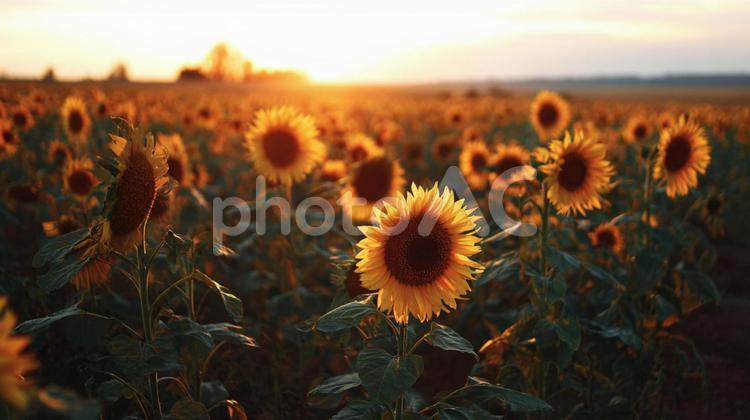 美しい夕暮れのひまわり畑 ひまわり,ひまわり畑,向日葵の写真素材