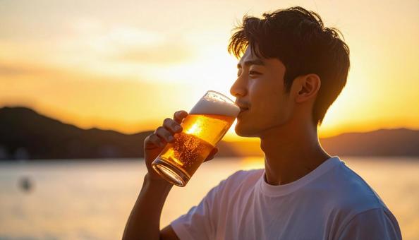 ビールを飲む若い男性のポートレート ビールを飲む若い男性のポートレートの写真