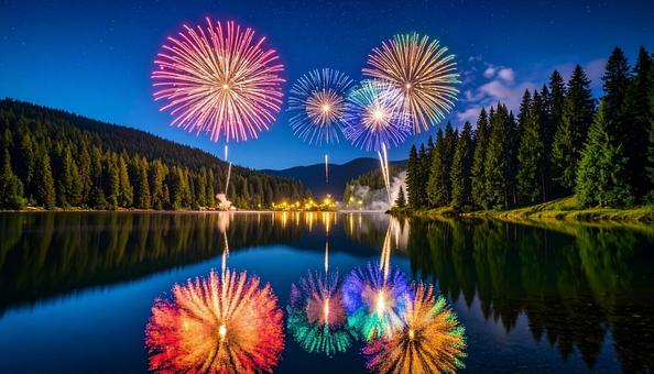 水面に色とりどりの花火 水面に色とりどりの花火の写真