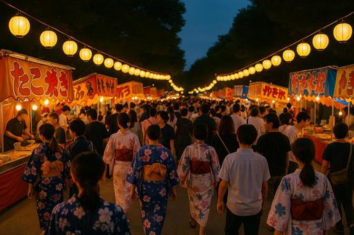 夏祭りの縁日通りを歩く人々と浴衣姿の女性 夏祭りの縁日通りを歩く人々と浴衣姿の女性の写真