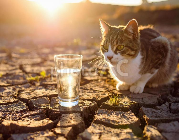 ひび割れた大地　猫　水の入ったコップ 猫,水,コップの写真素材