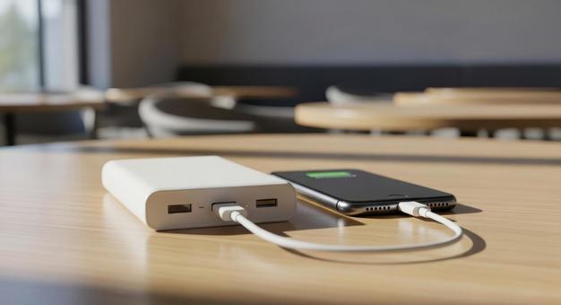 白いモバイルバッテリーでスマホを充電 白いモバイルバッテリーでスマホを充電の写真
