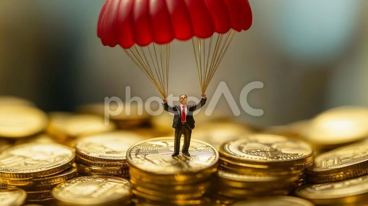 金貨にパラシュートで降りるビジネスマン2 金貨,コイン,お金の写真素材