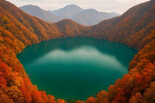 秋色の湖と山並み 秋色の湖と山並みの写真