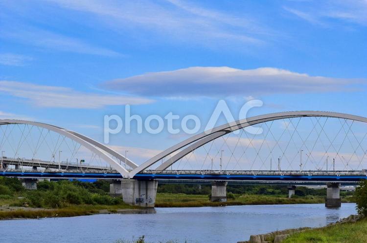 相模川河川から眺める風景 橋,川,空の写真素材