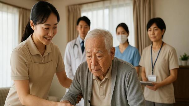 高齢者を介助する女性の写真