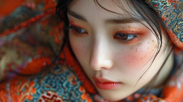 赤と金の刺繍と女性のまなざしの写真