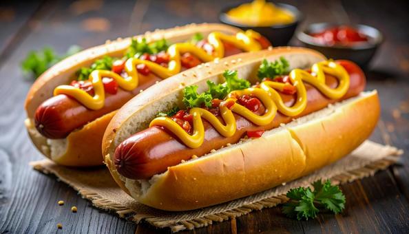 ケチャップとマスタードがけのホットドッグ ケチャップとマスタードがけのホットドッグの写真