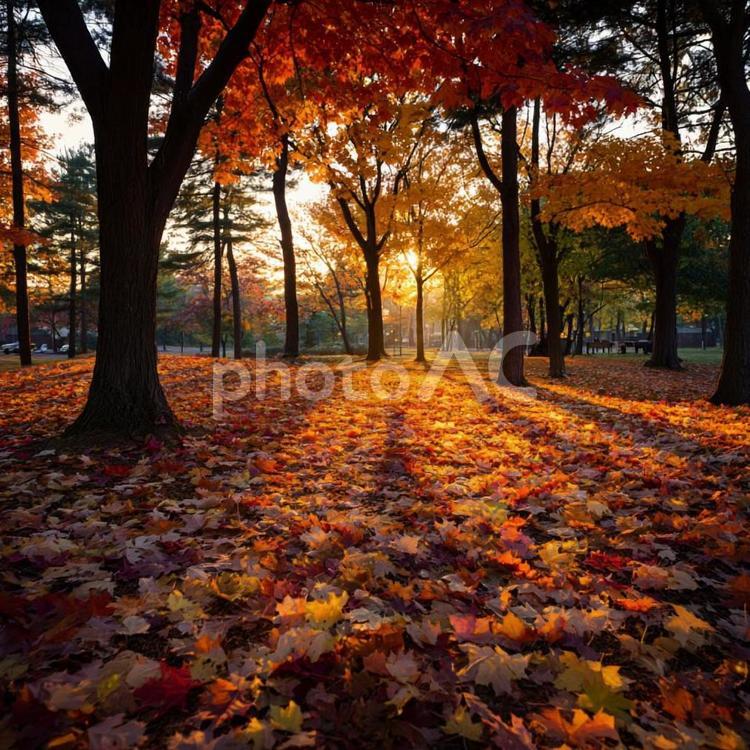 黄金色の光に包まれた秋の公園 秋,紅葉,森の写真素材