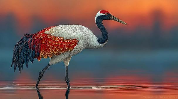 湖畔の朝霧に立つ丹頂鶴の写真