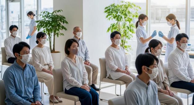 集団接種会場で予防接種を待つ人々 集団接種会場で予防接種を待つ人々の写真
