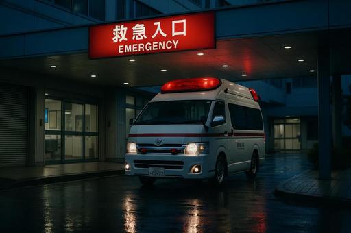 救急入口と停車中の救急車の写真