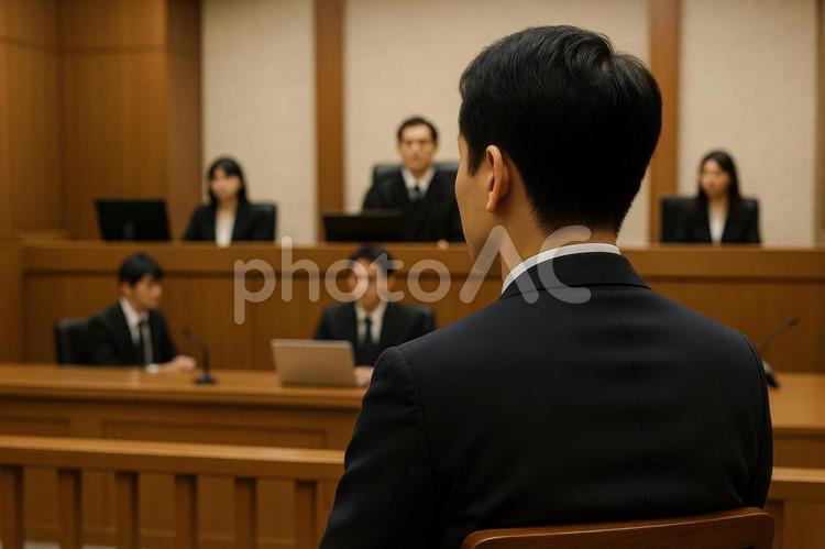 裁判所で着席しているスーツ姿の男性 法廷,裁判所,裁判の写真素材