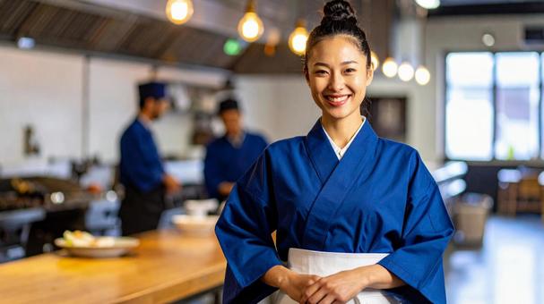 青い作務衣を着た飲食店の女性スタッフAの写真