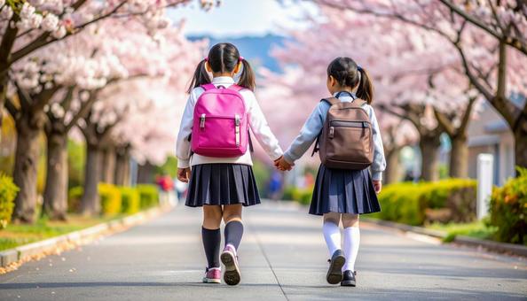 手をつないで登校する日本人姉妹 手をつないで登校する日本人姉妹の写真