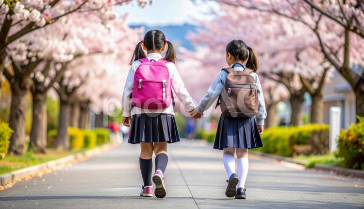 手をつないで登校する日本人姉妹 仲良し,制服,笑顔の写真素材
