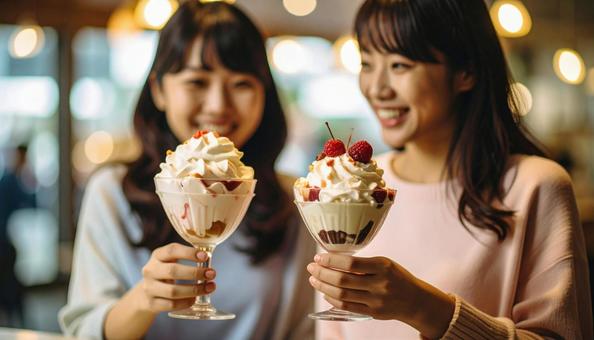 カフェでパフェを楽しむカップル カフェでパフェを楽しむカップルの写真