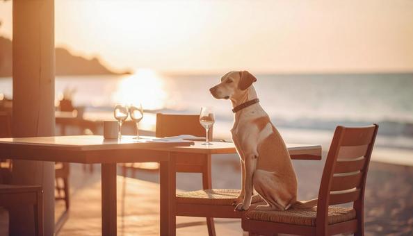 海辺のカフェ、飼い犬と一緒にの写真
