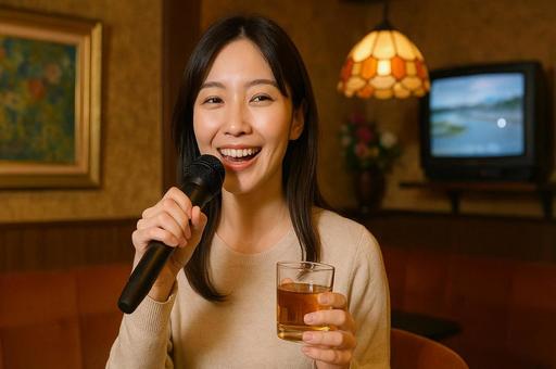 店で飲みながらカラオケを楽しむ若い女性 店で飲みながらカラオケを楽しむ若い女性の写真