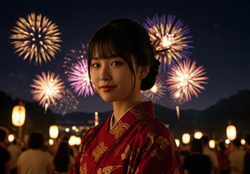 花火を見る浴衣女性 花火を見る浴衣女性の写真