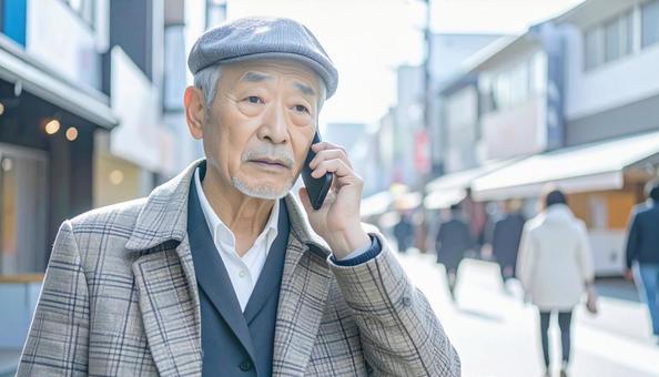 困った表情で電話する高齢者 困った表情で電話する高齢者の写真