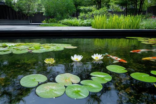 和風庭園と、ハスの池と錦鯉 和風庭園と、ハスの池と錦鯉の写真