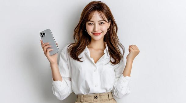 スマホを手に笑顔でガッツポーズする女性 スマホを手に笑顔でガッツポーズする女性の写真