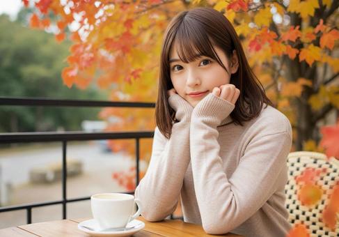 紅葉のテラス席での写真