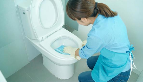トイレ清掃する日本人女性 拭き掃除 トイレ清掃する日本人女性 拭き掃除の写真