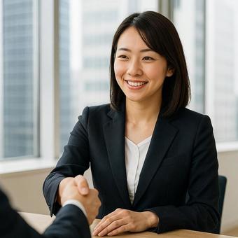 握手を交わすスーツ姿の日本人女性の写真