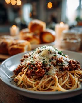 美味しそうなパンとミートソースパスタ 美味しそうなパンとミートソースパスタの写真