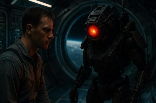 宇宙船で対峙するロボット 宇宙船で対峙するロボットの写真