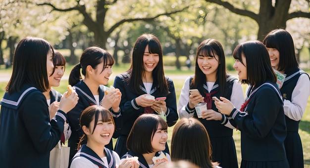 公園で遊ぶ仲良し女子高生グループの写真