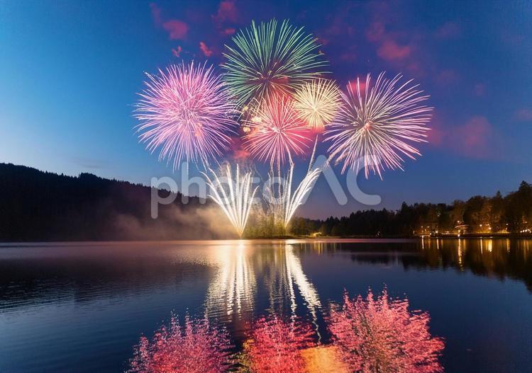 夜景の湖と華やかな花火 花火,夜景,湖の写真素材