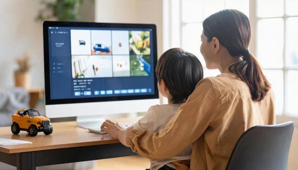 A mother working remotely and looking at a computer with her child, computer, screen, child, JPG