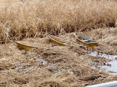 遊水池の枯れ草内に打ち捨てられた小舟 遊水池の枯れ草内に打ち捨てられた小舟 舟,小舟,ボートの写真素材