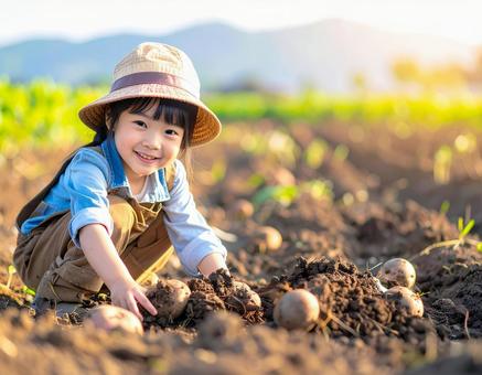AI じゃがいも掘りをする女の子 AI じゃがいも掘りをする女の子 の写真