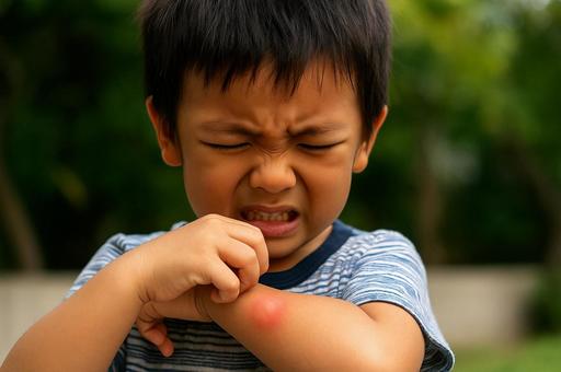 蚊に刺されて痒い男の子 蚊に刺されて痒い男の子の写真